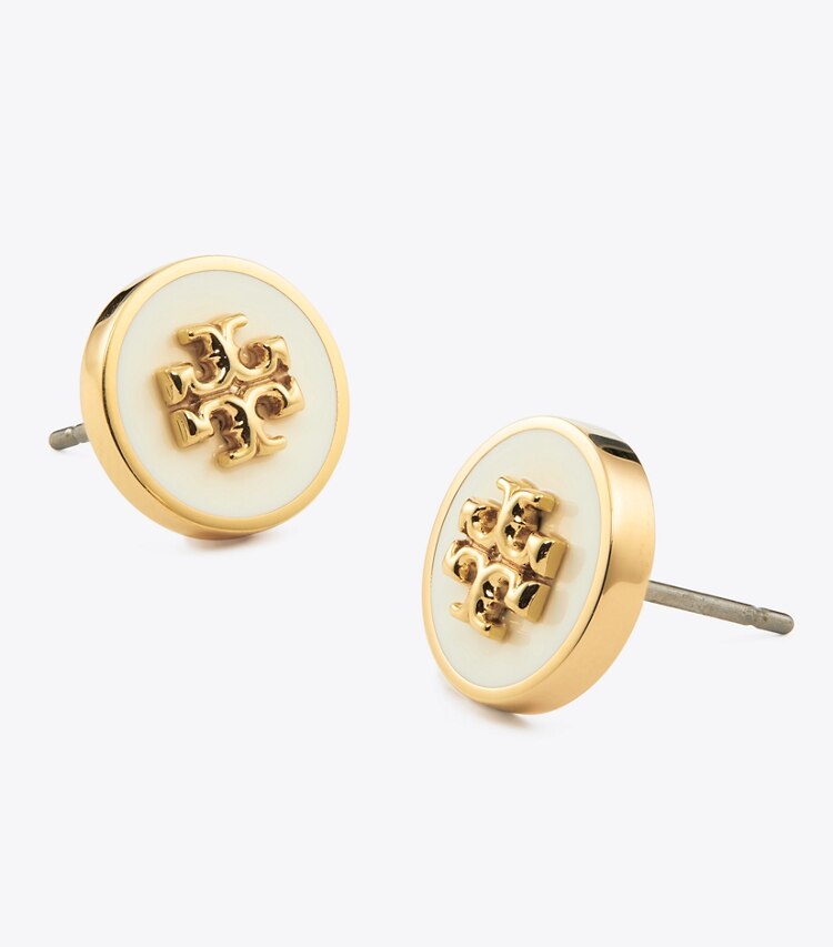 Tory Burch diseñador aretes Aros de botón con círculo esmaltado Icon en Tory Gold / New Ivory detalle