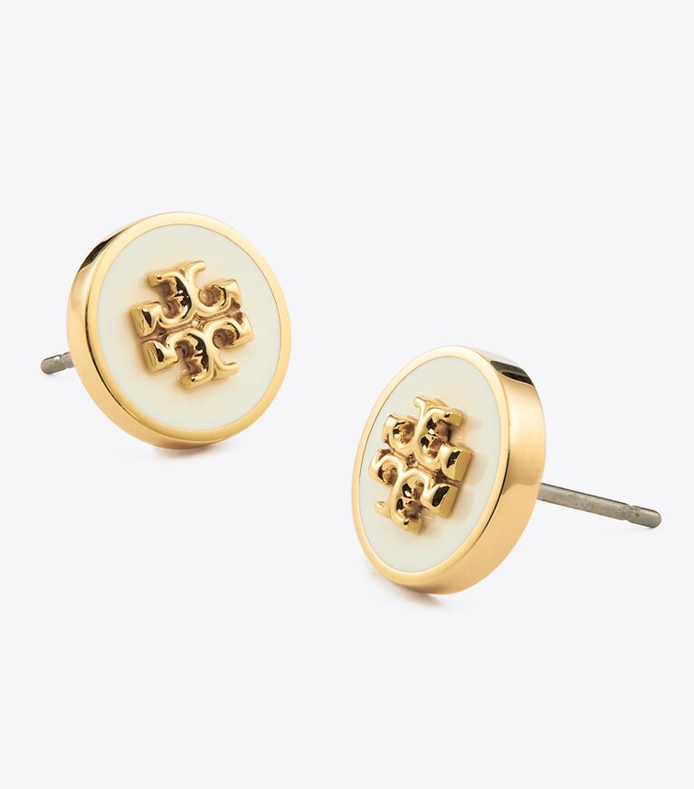 Tory Burch diseñador aretes Aros de botón con círculo esmaltado Icon en Tory Gold / New Ivory detalle