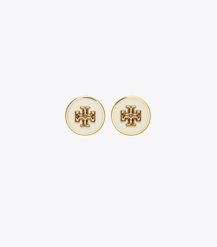 Tory Burch diseñador aretes Aros de botón con círculo esmaltado Icon en Tory Gold / New Ivory frente