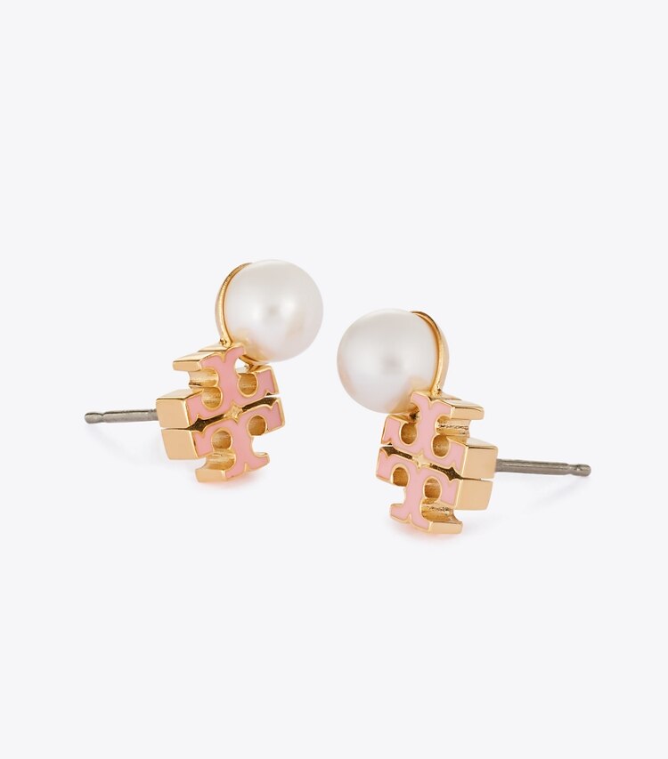 Tory Burch diseñador aretes Aros de botón con logo y perlas Moondance en Light Brass / Pearl / Pink detalle
