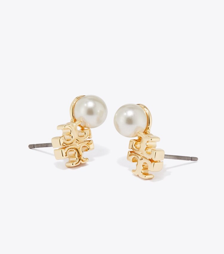 Tory Burch diseñador aretes Aros de botón con logo y perlas Moondance en Tory Gold / Pearl detalle