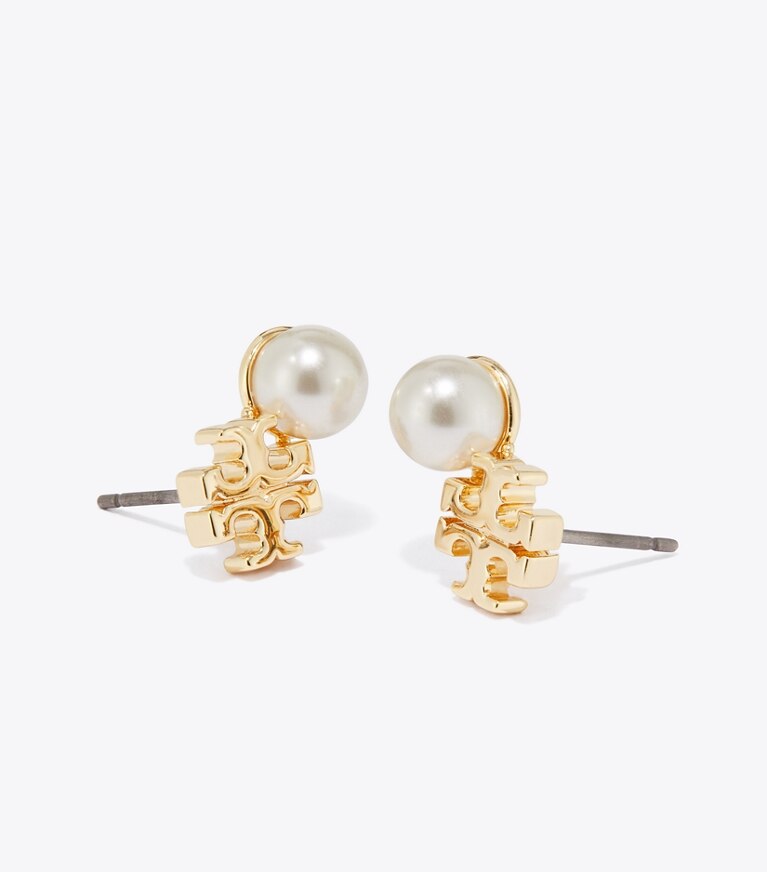 Tory Burch diseñador aretes Aros de botón con logo y perlas Moondance en Tory Gold / Pearl detalle