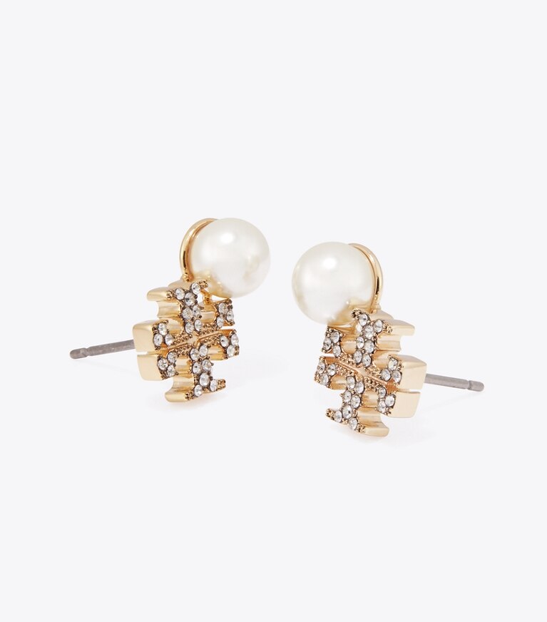 Tory Burch diseñador aretes Aros de botón con logo y perlas Moondance en Tory Gold / Pearl / Crystal detalle