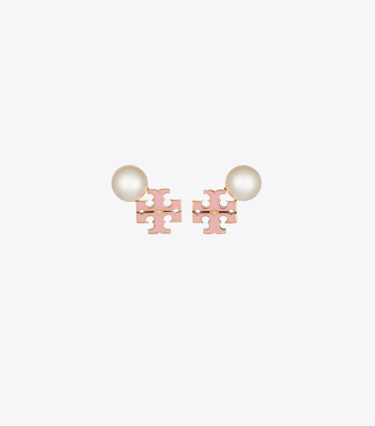 Tory Burch diseñador aretes Aros de botón con logo y perlas Moondance en Light Brass / Pearl / Pink frente