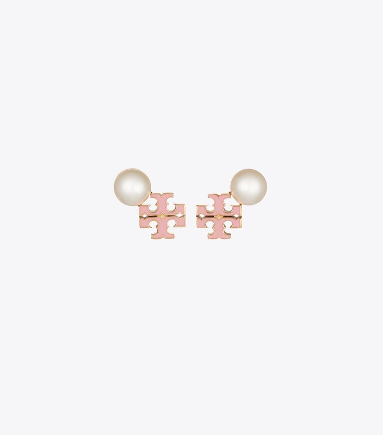 Tory Burch diseñador aretes Aros de botón con logo y perlas Moondance en Light Brass / Pearl / Pink frente