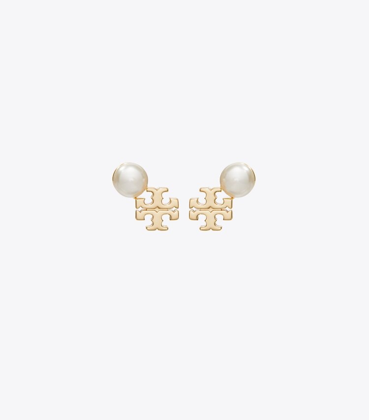 Tory Burch diseñador aretes Aros de botón con logo y perlas Moondance en Tory Gold / Pearl frente