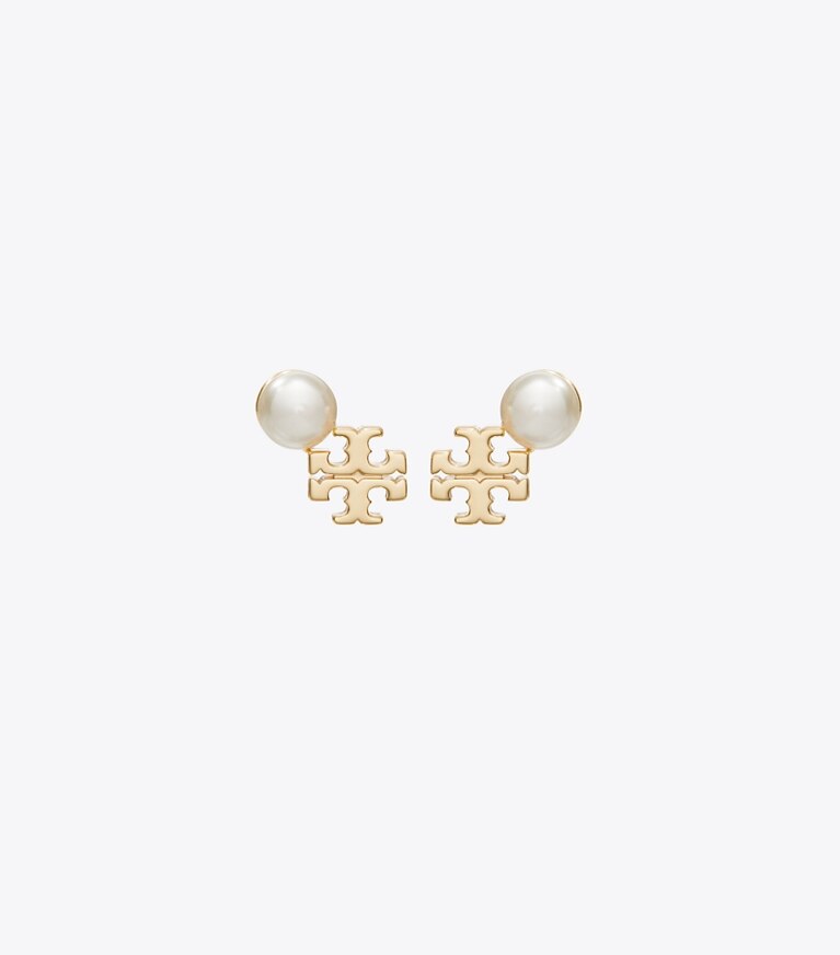 Tory Burch diseñador aretes Aros de botón con logo y perlas Moondance en Tory Gold / Pearl frente
