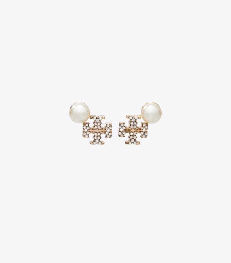 Tory Burch diseñador aretes Aros de botón con logo y perlas Moondance en Tory Gold / Pearl / Crystal frente