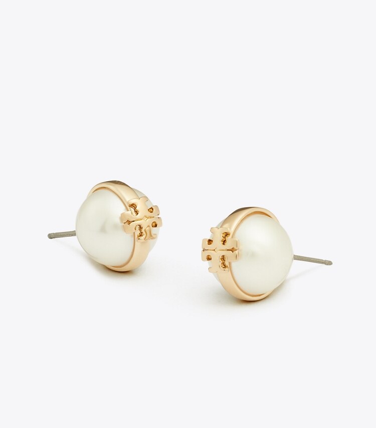 Tory Burch diseñador aretes Aros de botón con perlas Moondance en Light Brass / Pearl detalle