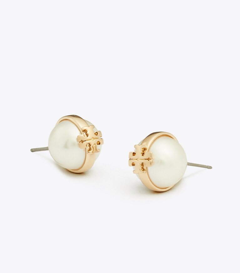 Tory Burch diseñador aretes Aros de botón con perlas Moondance en Light Brass / Pearl detalle