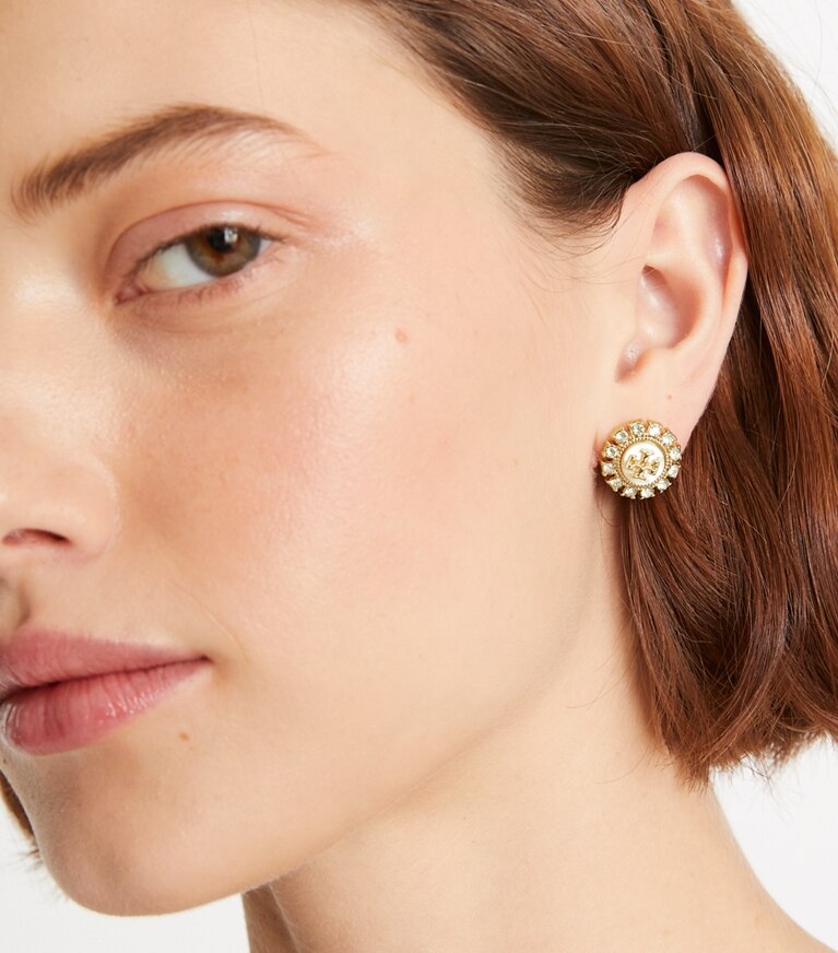 Tory Burch diseñador aretes Aros de botón de cristal Moondance en Tory Gold / MOP / Crystal accesorio en modelo