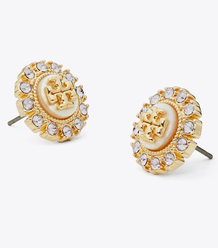 Tory Burch diseñador aretes Aros de botón de cristal Moondance en Tory Gold / MOP / Crystal detalle