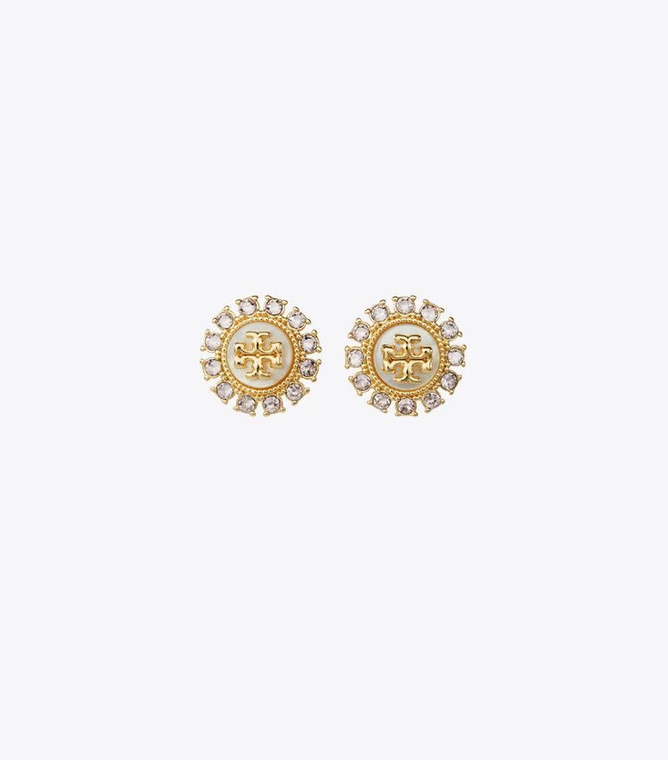 Tory Burch diseñador aretes Aros de botón de cristal Moondance en Tory Gold / MOP / Crystal frente