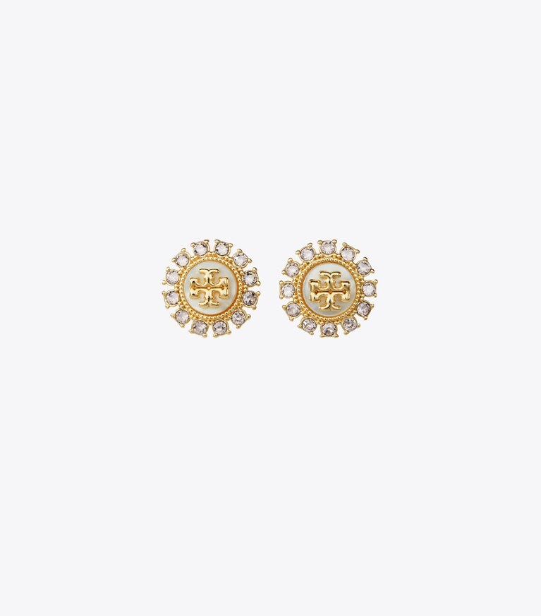 Tory Burch diseñador aretes Aros de botón de cristal Moondance en Tory Gold / MOP / Crystal frente