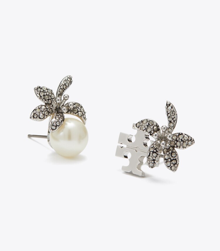 Tory Burch diseñador aretes Aros de botón de perla y flor Moondance en Tory Silver / Pearl / Crystal detalle