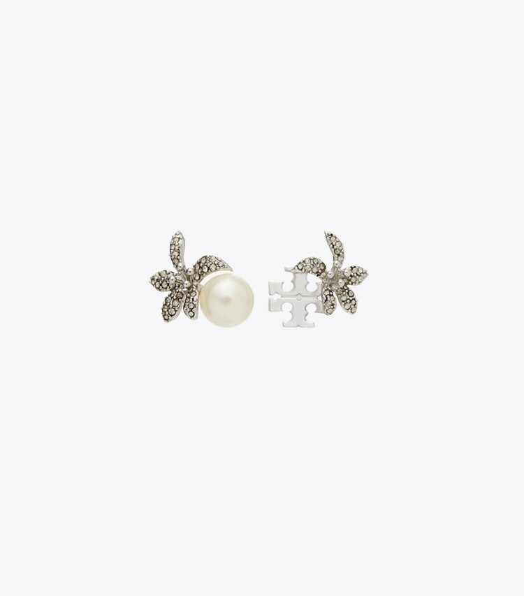Tory Burch diseñador aretes Aros de botón de perla y flor Moondance en Tory Silver / Pearl / Crystal frente