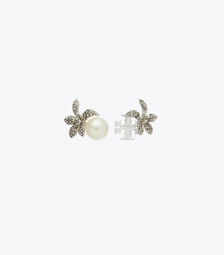 Tory Burch diseñador aretes Aros de botón de perla y flor Moondance en Tory Silver / Pearl / Crystal frente
