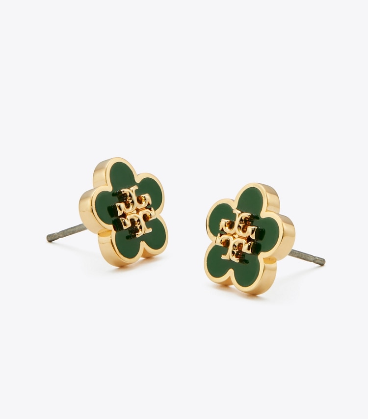 Tory Burch diseñador aretes Aros de botón esmaltado Forget Me Not en Tory Gold / Dark Kale detalle