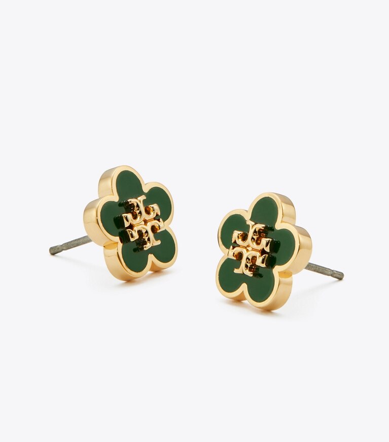 Tory Burch diseñador aretes Aros de botón esmaltado Forget Me Not en Tory Gold / Dark Kale detalle