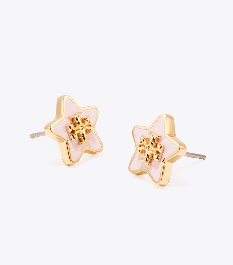 Tory Burch diseñador aretes Aros de botón esmaltado Forget Me Not en Tory Gold / Pink Snow detalle