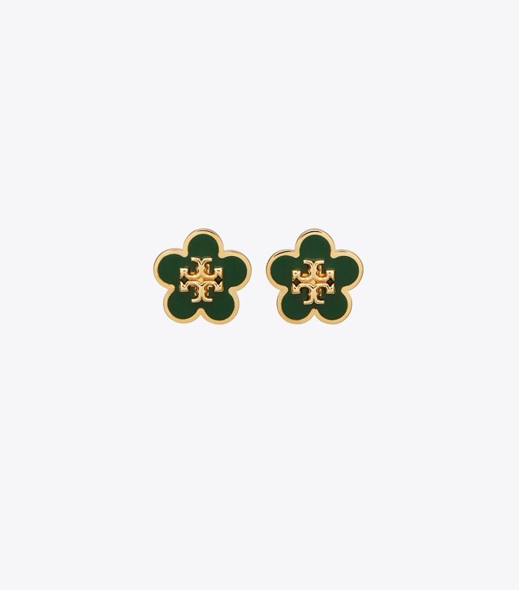 Tory Burch diseñador aretes Aros de botón esmaltado Forget Me Not en Tory Gold / Dark Kale frente