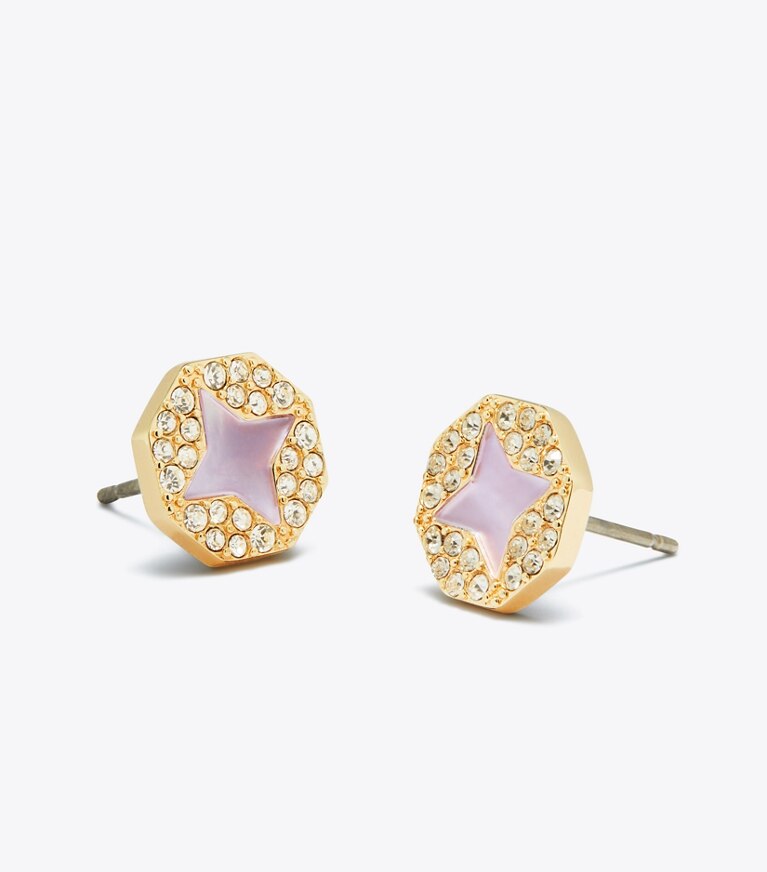 Tory Burch diseñador aretes Aros de botón Forget Me Not con pavé en Tory Gold / Pink / Crystal detalle