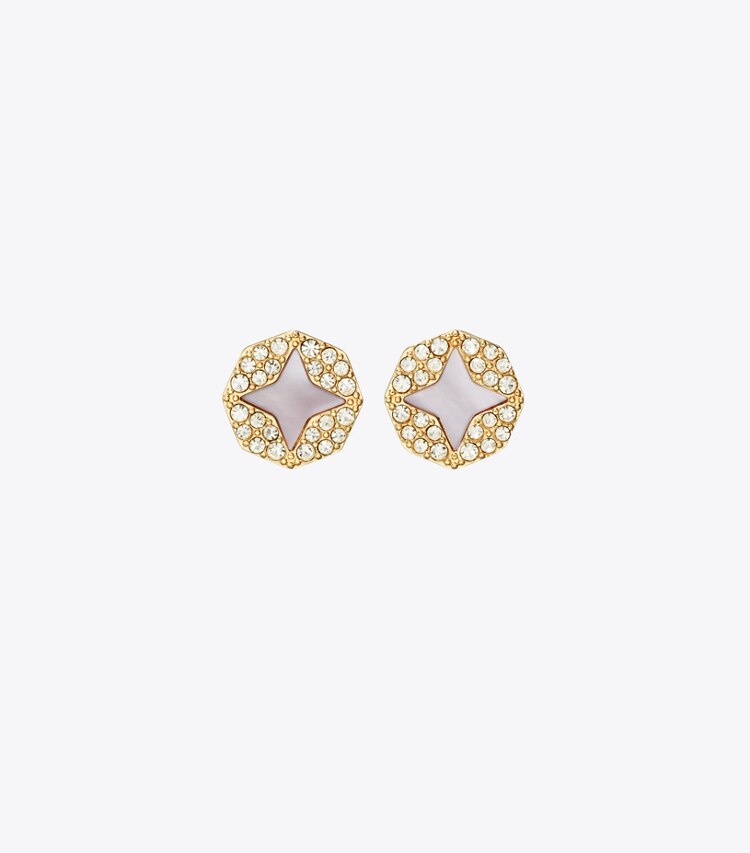 Tory Burch diseñador aretes Aros de botón Forget Me Not con pavé en Tory Gold / Pink / Crystal frente