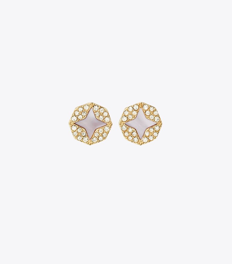 Tory Burch diseñador aretes Aros de botón Forget Me Not con pavé en Tory Gold / Pink / Crystal frente