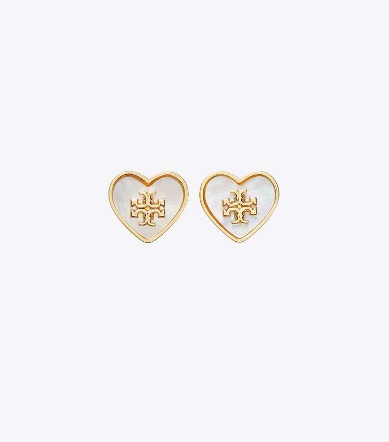 Tory Burch diseñador aretes Aros de botón Forget Me Not Heart en Tory Gold / Mother of Pearl frente