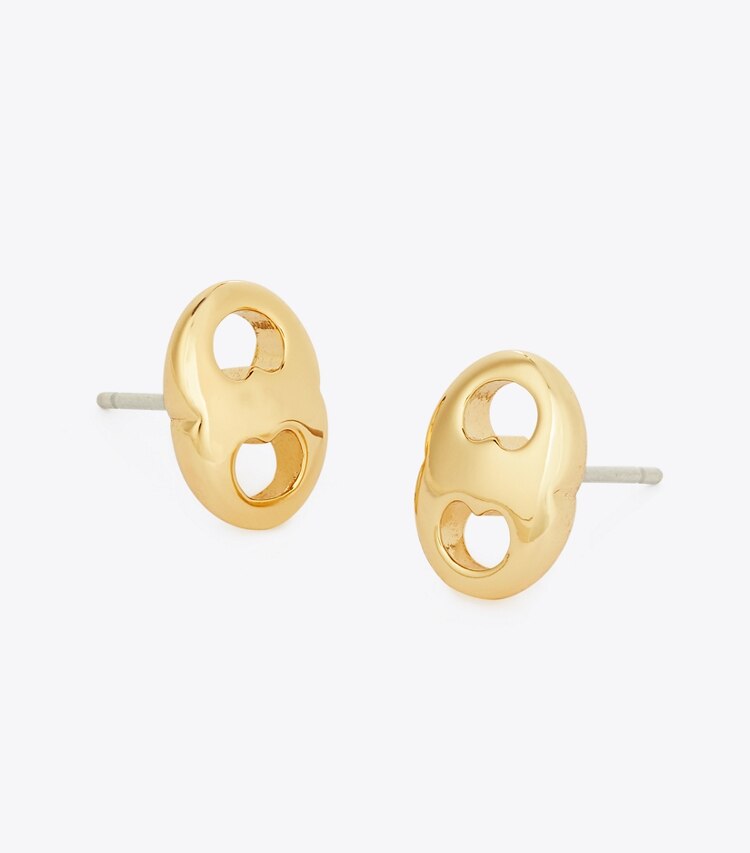 Tory Burch diseñador aretes Aros de botón Gemini en Light Brass detalle