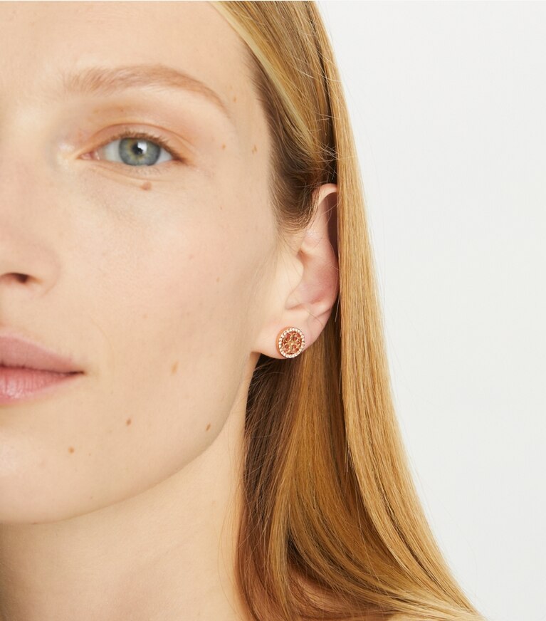 Tory Burch diseñador aretes Aros de botón Icon con pavé en Tory Silver/Crystal accesorio en modelo
