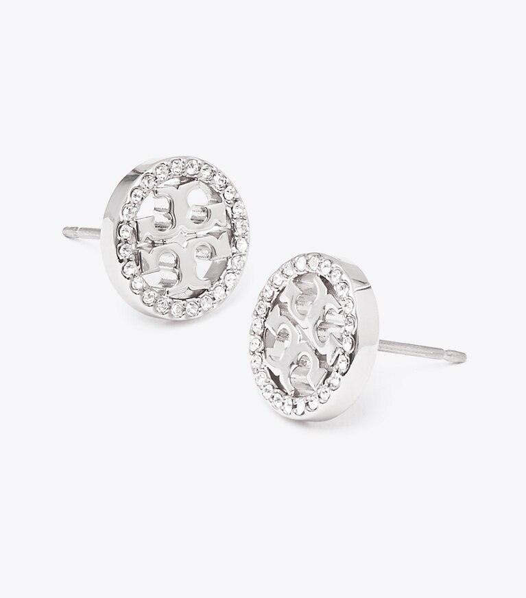 Tory Burch diseñador aretes Aros de botón Icon con pavé en Tory Silver/Crystal detalle