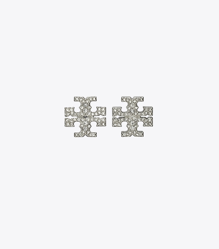 Tory Burch diseñador aretes Aros de botón Icon con pavé en Tory Silver / Crystal frente