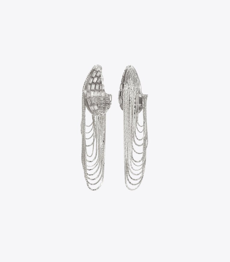 Tory Burch diseñador aretes Aros de cadena Runway en Light Silver / Crystal detalle