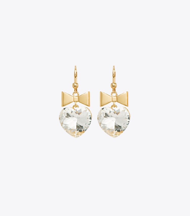 Tory Burch diseñador aretes Aros de corazón y lazo Curiosity en Tory Gold / Crystal detalle