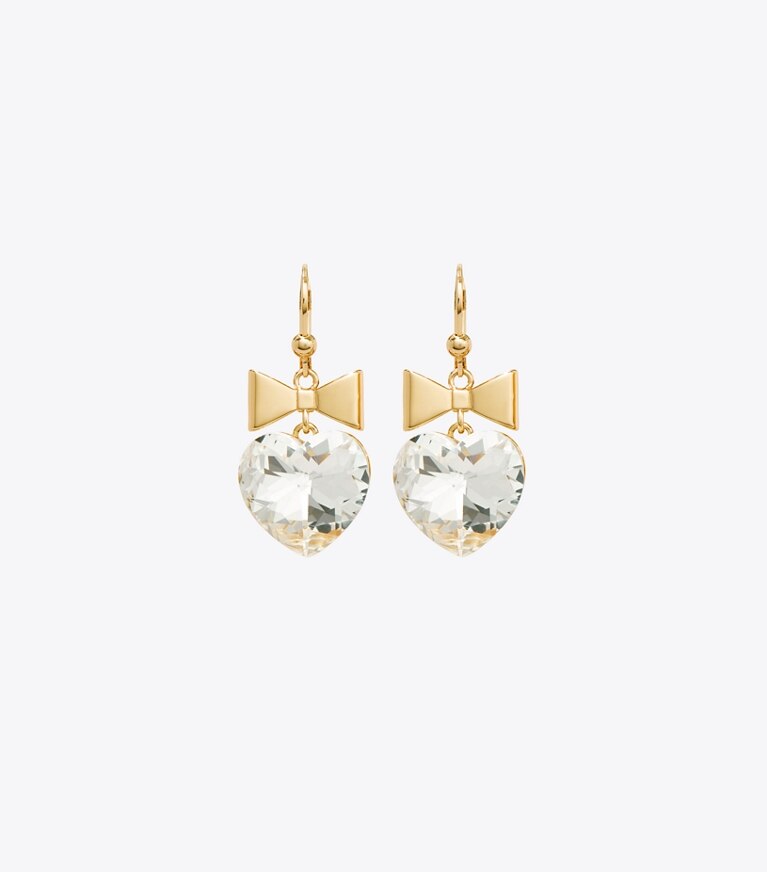 Tory Burch diseñador aretes Aros de corazón y lazo Curiosity en Tory Gold / Crystal detalle