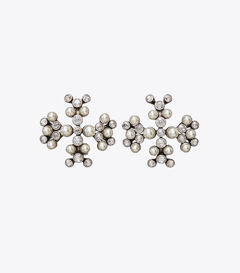 Tory Burch diseñador pendientes Aros de cristal y perlas con logo Moondance en Antique Tory Silver / Cream / Crystal frente