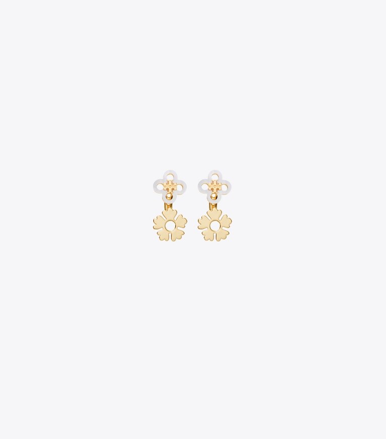 Tory Burch diseñador aretes Aros de doble cara Forget Me Not en Light Silver / Tory Gold detalle