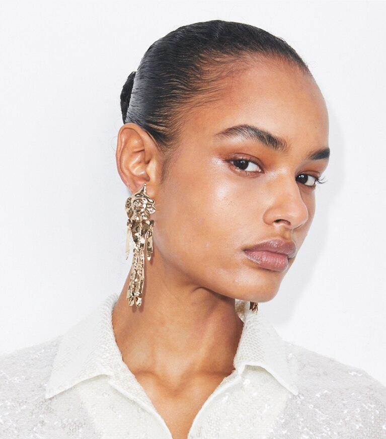 Tory Burch diseñador aretes Aros de payaso Runway en GOLD accesorio en modelo