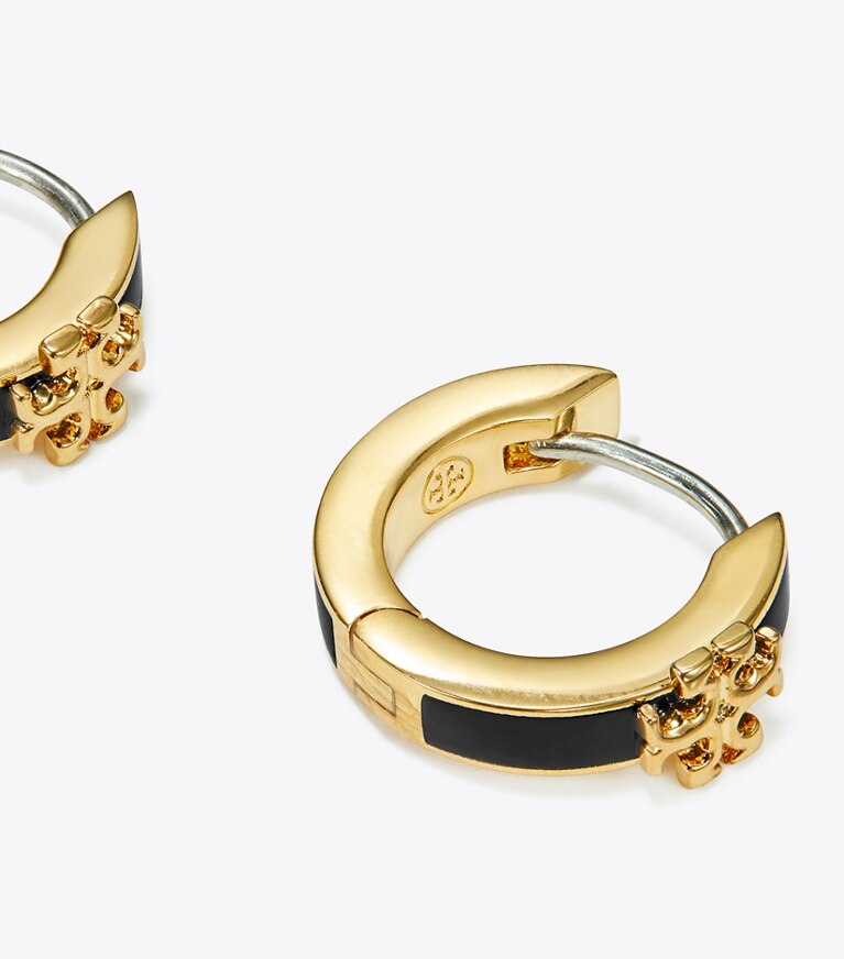 Tory Burch diseñador aretes Aros Huggie Icon esmaltados en Tory Gold / Black detalle
