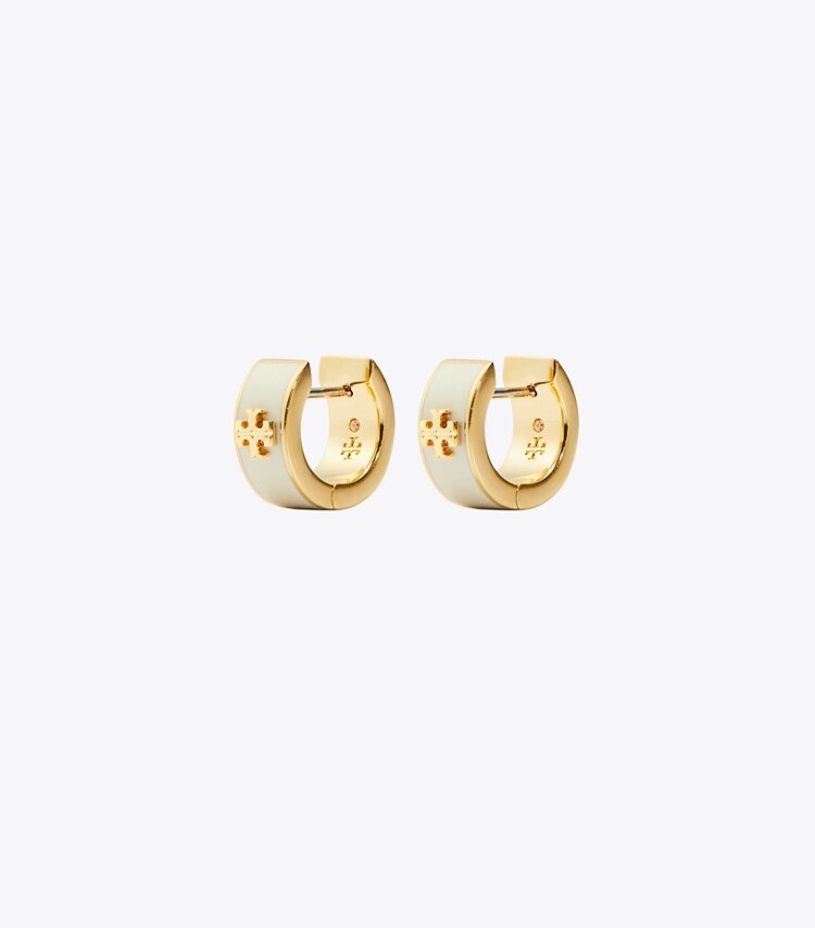 Tory Burch diseñador aretes Aros Huggie Icon esmaltados en Tory Gold / New Ivory frente