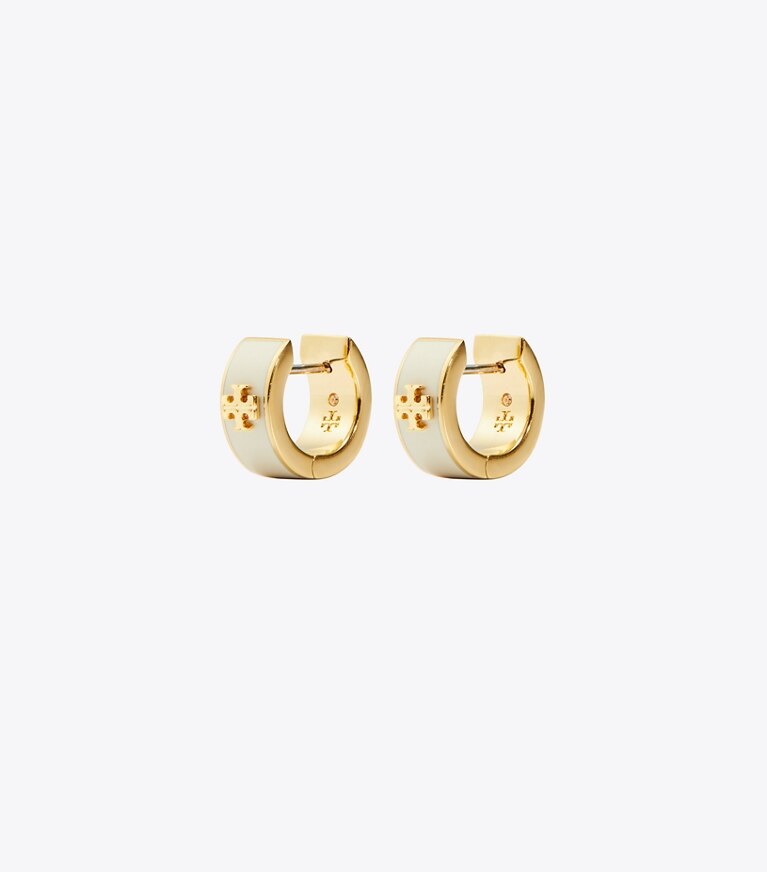 Tory Burch diseñador aretes Aros Huggie Icon esmaltados en Tory Gold / New Ivory frente