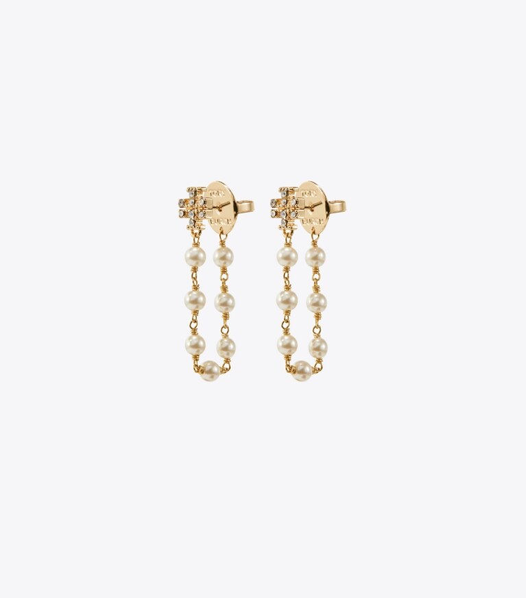 Tory Burch diseñador aretes Aros Moondance de perlas y cadenas en Tory Gold / Pearl / Crystal detalle