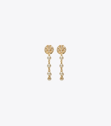 Tory Burch diseñador aretes Aros Moondance de perlas y cadenas en Tory Gold / Pearl / Crystal frente