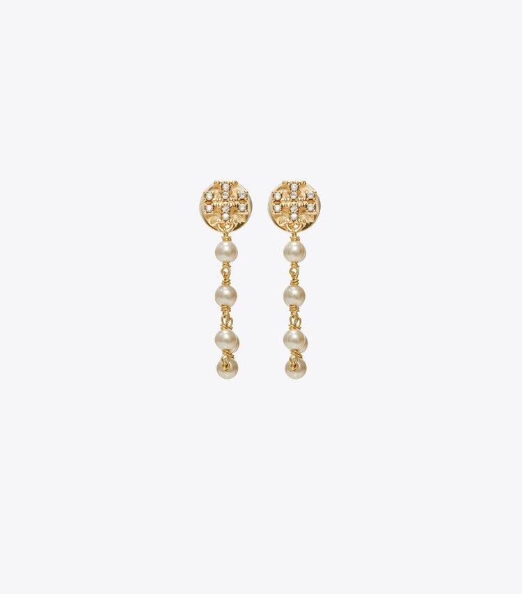 Tory Burch diseñador aretes Aros Moondance de perlas y cadenas en Tory Gold / Pearl / Crystal frente