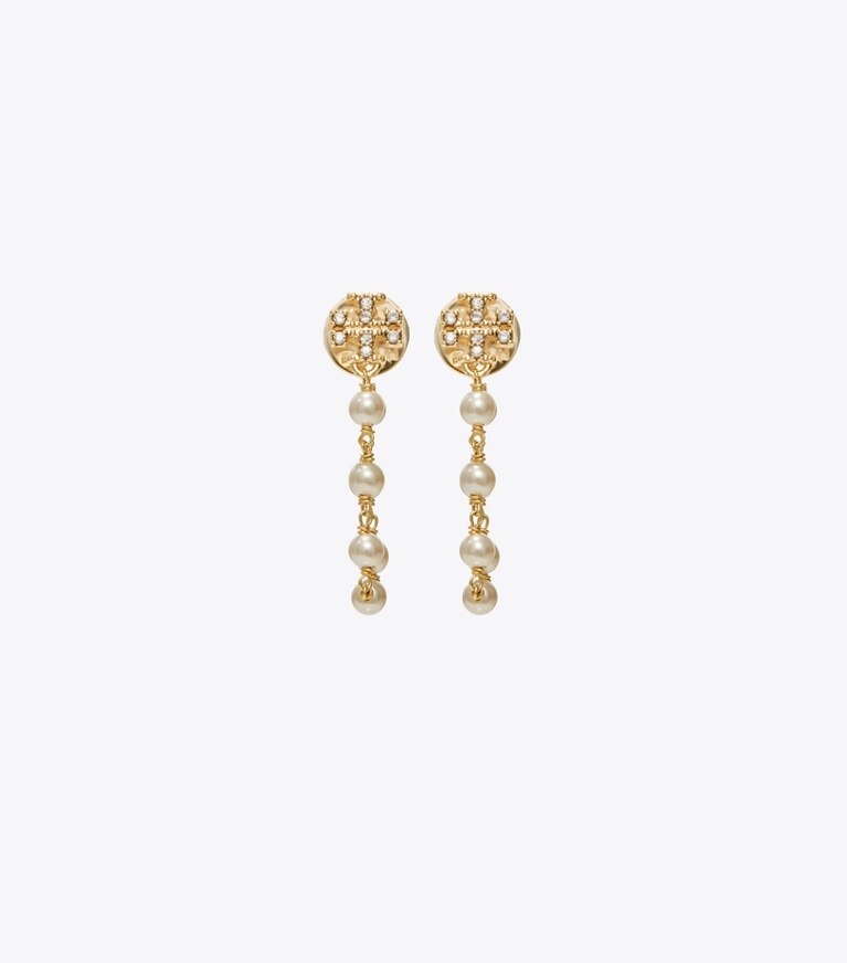 Tory Burch diseñador aretes Aros Moondance de perlas y cadenas en Tory Gold / Pearl / Crystal frente