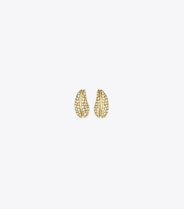 Tory Burch diseñador aretes Aros pequeños con pavé Pierced en Light Brass / Crystal frente