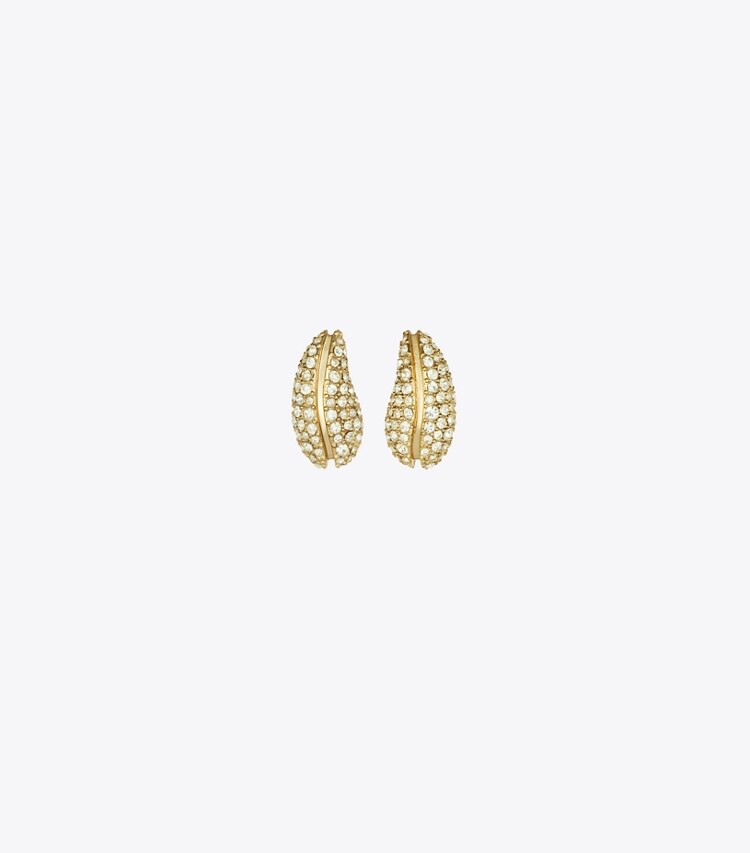 Tory Burch diseñador aretes Aros pequeños con pavé Pierced en Light Brass / Crystal frente