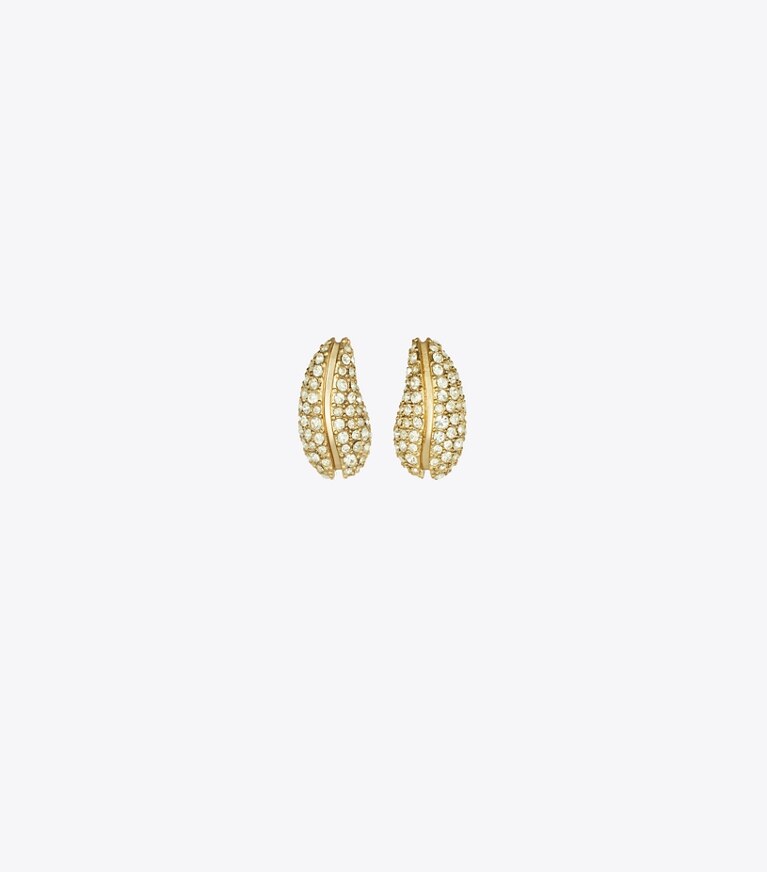 Tory Burch diseñador aretes Aros pequeños con pavé Pierced en Light Brass / Crystal frente