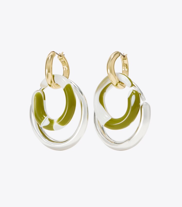 Tory Burch diseñador aretes Aros Pierced en Light Silver / Light Brass / Green Swirl detalle